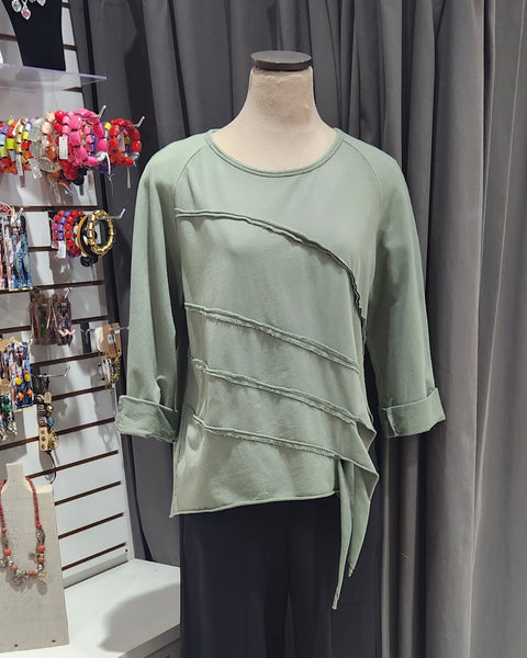 Paolo Tricot Sale,  SU8414 Raw Edge Boxy Top, Olive 50% Off Regular Price