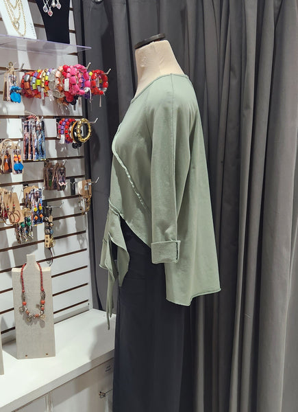 Paolo Tricot Sale,  SU8414 Raw Edge Boxy Top, Olive 50% Off Regular Price