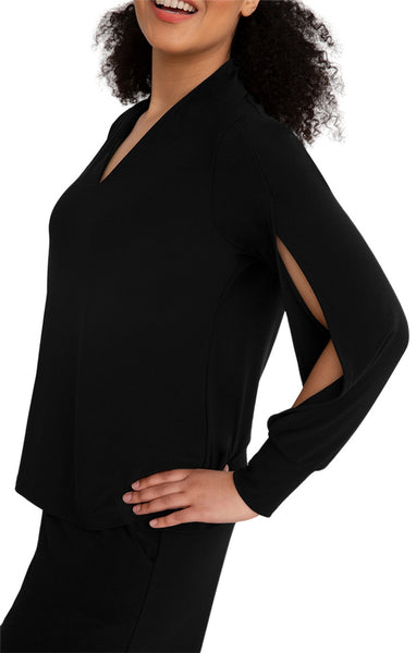 22260-3 Split Sleeve V-Neck Top, Black