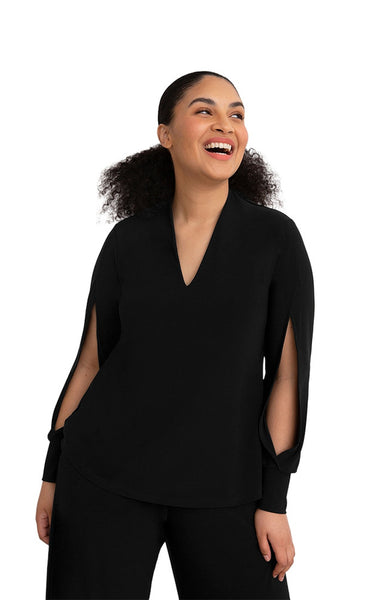 22260-3 Split Sleeve V-Neck Top, Black