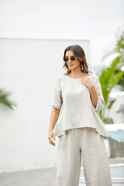 Orange by Fashion Village (Linen), 17548 Mea's Linen Breeze Button Back Top, Beige