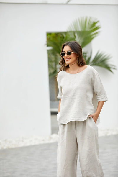 Orange by Fashion Village (Linen), 17548 Mea's Linen Breeze Button Back Top, Beige