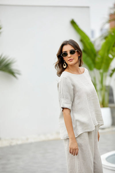 Orange by Fashion Village (Linen), 17548 Mea's Linen Breeze Button Back Top, Beige