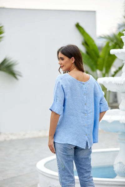 Orange by Fashion Village (Linen), 17548 Mea's Linen Breeze Button Back Top, Sky