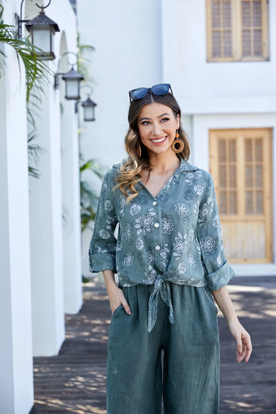 Orange by Fashion Village (Linen), 2202 Floral Safari Linen Top, Military