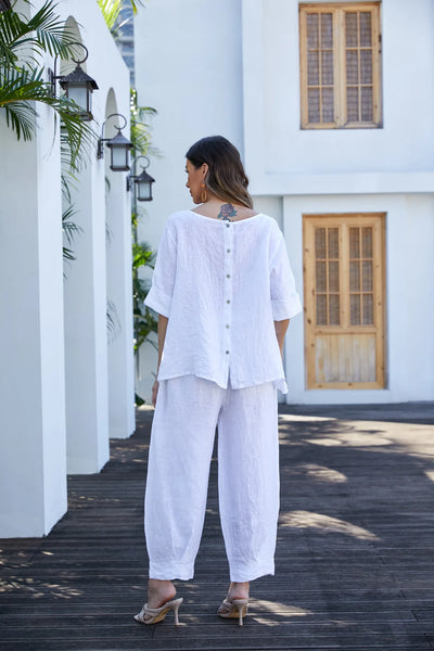 Orange by Fashion Village (Linen), 17548 Mea's Linen Breeze Button Back Top, White