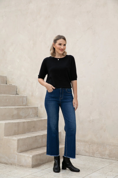 Orange by Fashion Village, JNC-15, Bamboo Wide Leg Jeans w/ Fringe Hem, Dark Wash