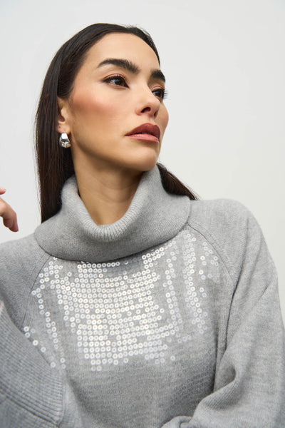 Joseph Ribkoff Sale, 244935 Relaxed Fit Sequin Pullover, Grey, 50% Off Regular Price