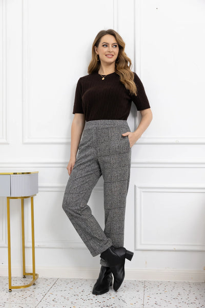 Orange by Fashion Village, HLJ-240478-275 Plaid Pant with Cuff, Grey Plaid