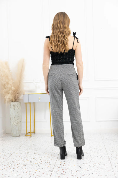 Orange by Fashion Village, HLJ-240478-264 Plaid Pant with Cuff, Grey Large Checkered