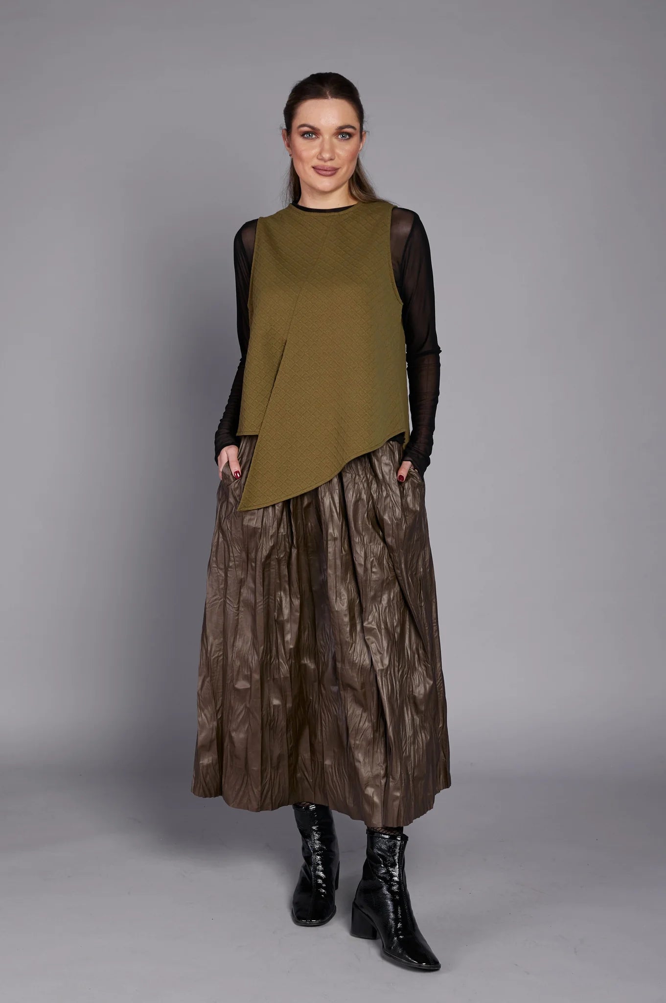 Paolo Tricot, WT330004 Pleated Skirt, Olive