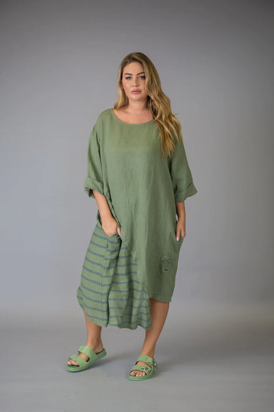 Paolo Tricot Sale, D11407 Striped Linen Dress 50% Off Regular Price