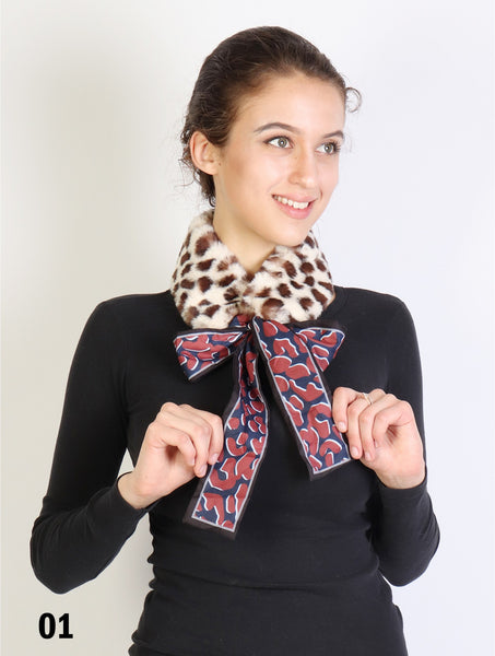 Accessories, SF 1641 Leopard Faux Fur Scarf with Silk Ribbon