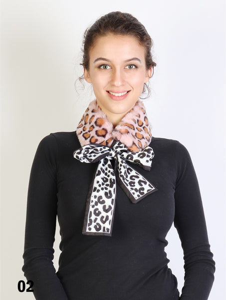 Accessories, SF 1641 Leopard Faux Fur Scarf with Silk Ribbon